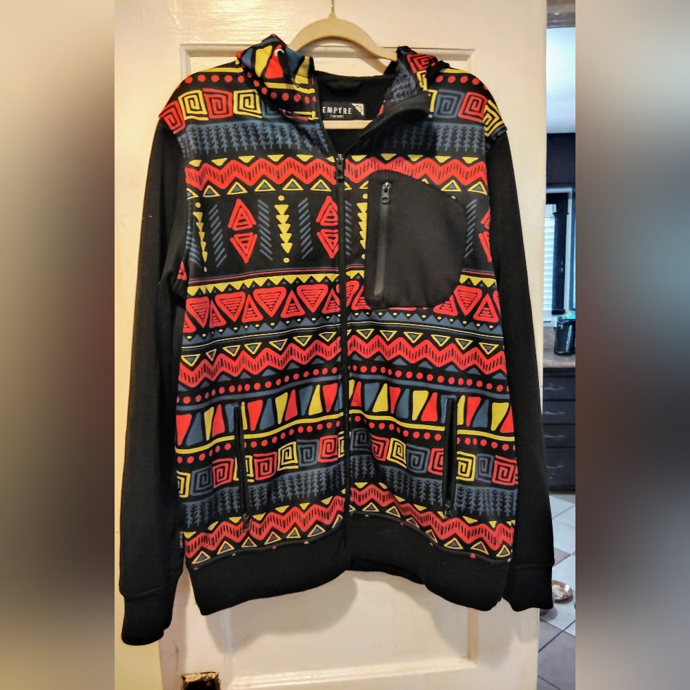 Empyre Mens African Print Black Red Yellow Blue Zip Up Hoodie Jacket Medium M